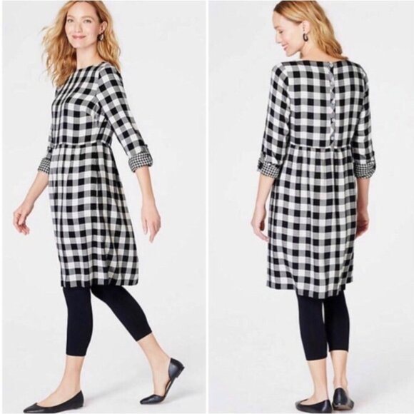 J. Jill Gingham Double Cloth Dress Roll Tab Sleeve Button Back Black & White - Picture 2 of 16